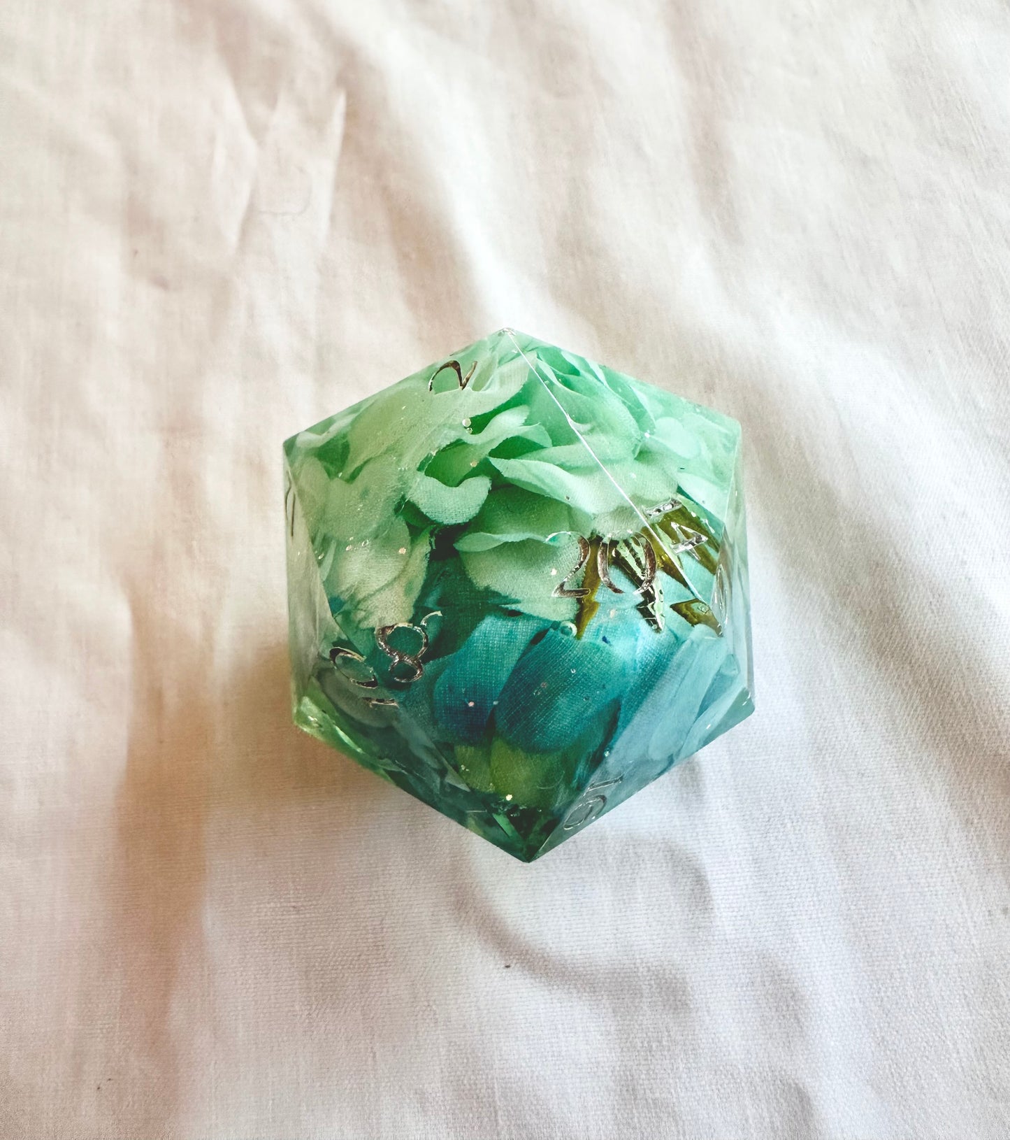 Teal Flower 40mm D20 Chonk dice